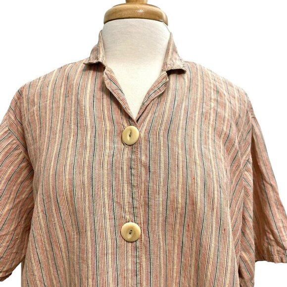 FLAX 100% Linen Boxy Rainbow Stripe Button Down Shirt Top Short Sleeve sz Large - Picture 2 of 6